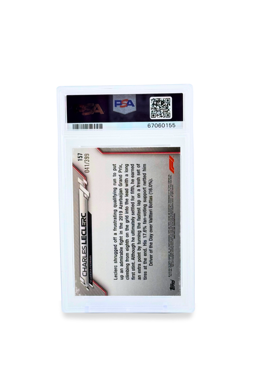 back of 2020 Topps Chrome F1 Charles Leclerc Purple Refractor #157 PSA 10 GEM MINT Driver of the Day Azerbaijan GP