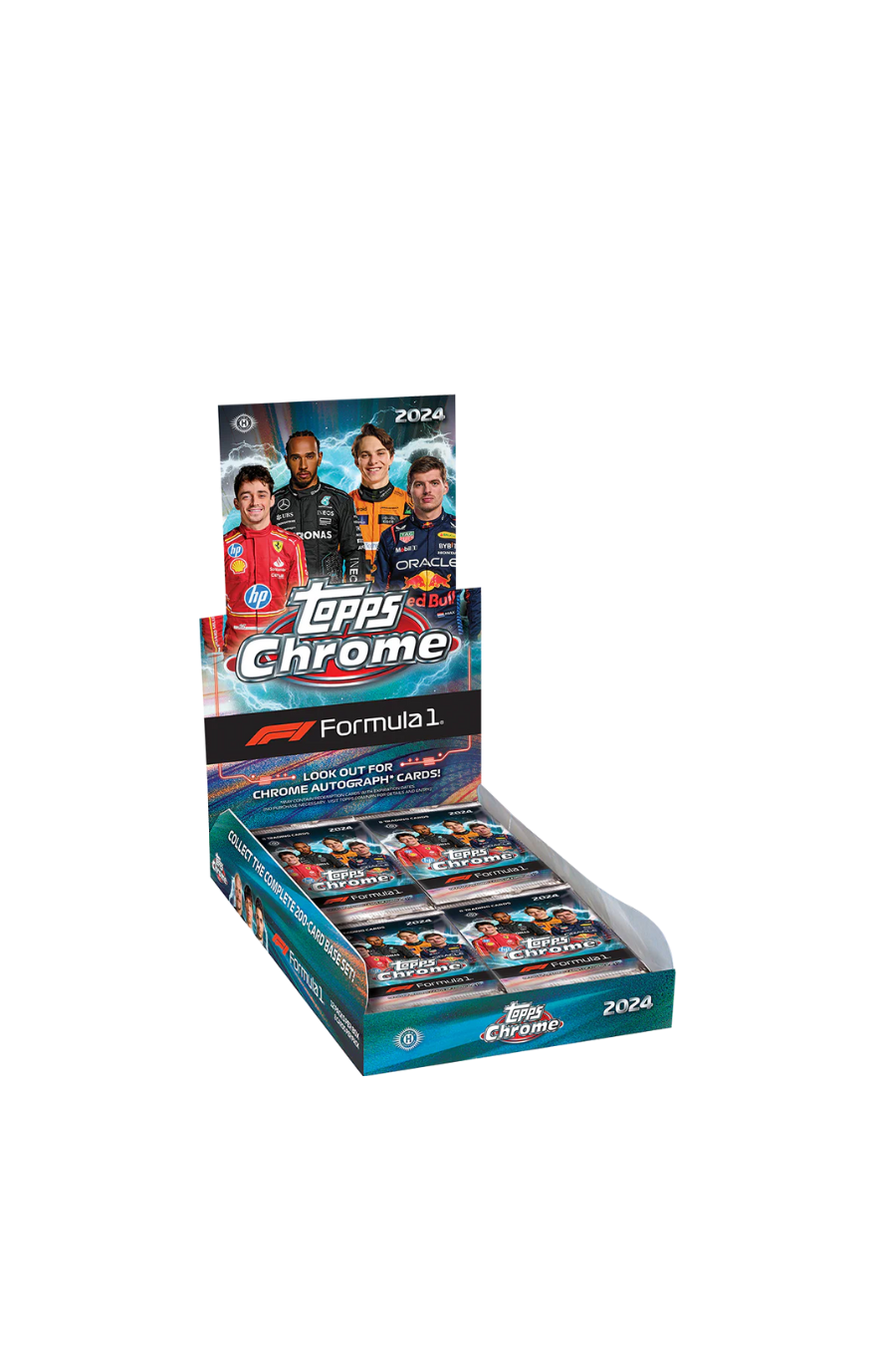 Sealed 2024 Topps Chrome Formula 1 Hobby Box featuring bold chrome finish and Formula 1 branding