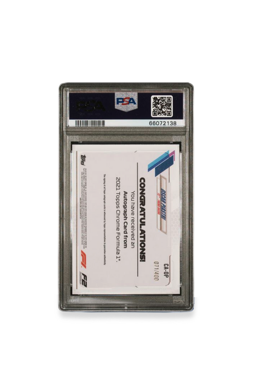 Back of 2021 Topps Chrome F1 Piastri autograph card with certification and serial number.