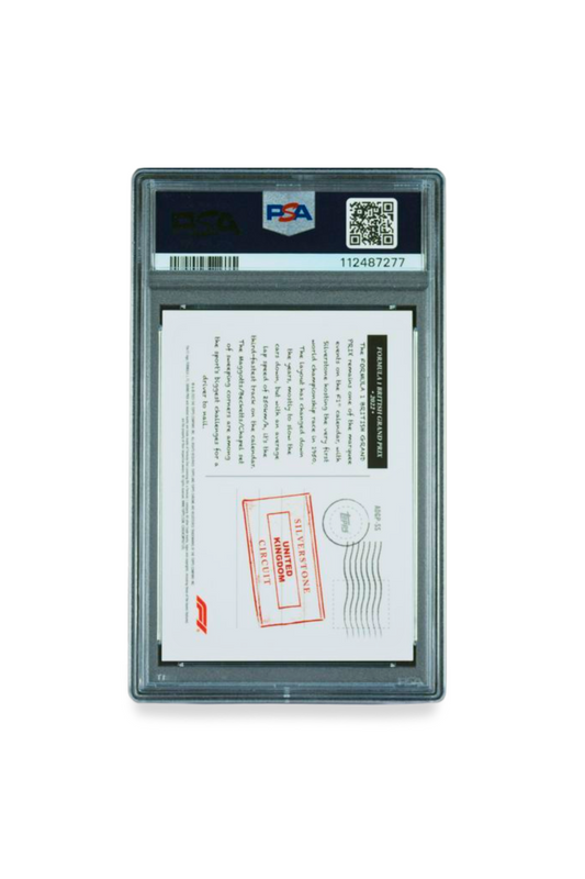 Back of 2023 Topps Chrome F1 British Grand Prix ’22 Art du Grand Prix Orange Refractor #ADGPSS PSA 10