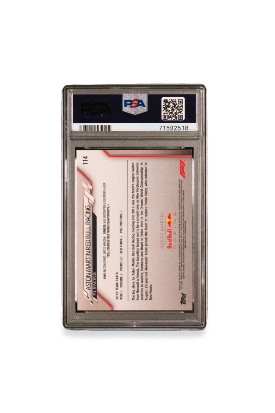 Back of 2020 Topps Chrome F1 Aston Martin Red Bull Racing 70th Anniversary Orange #114 PSA 9