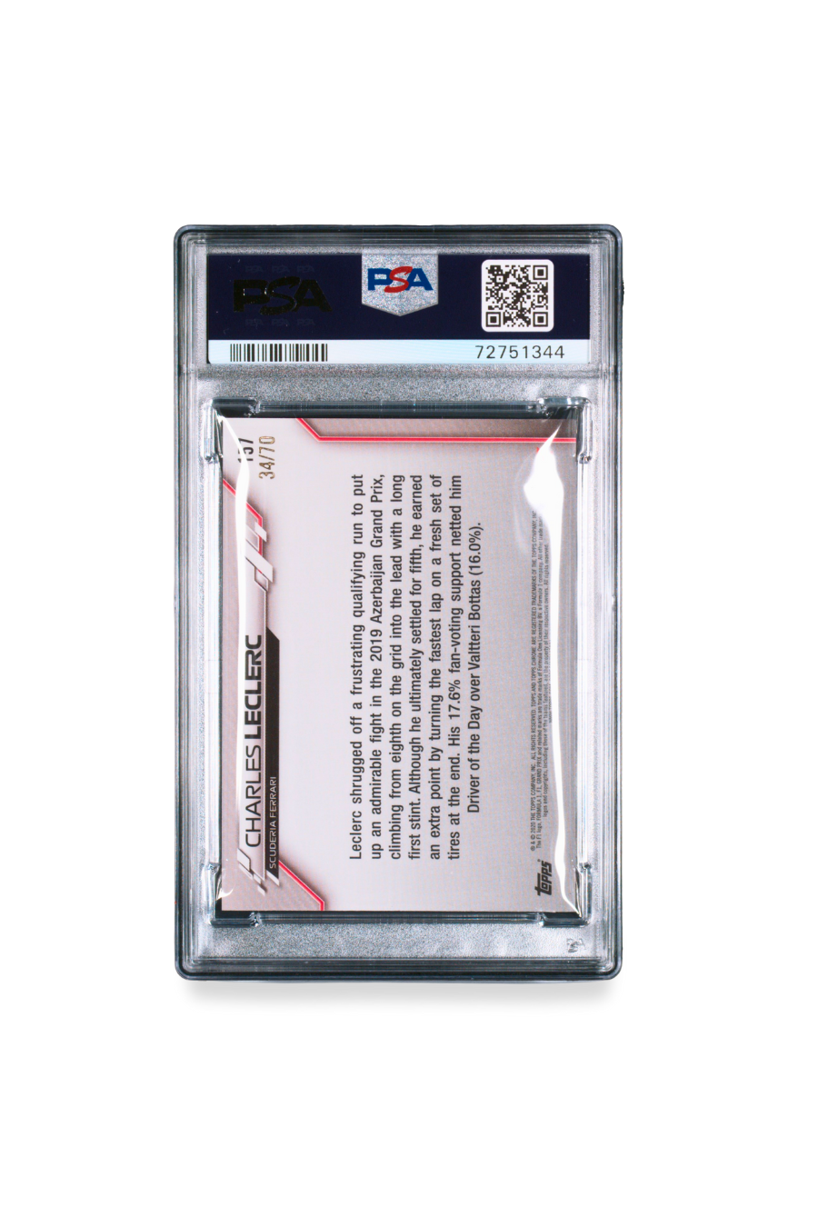 Back of 2020 Topps Chrome F1 Charles Leclerc Sapphire Edition 70th Anniversary card, PSA 10