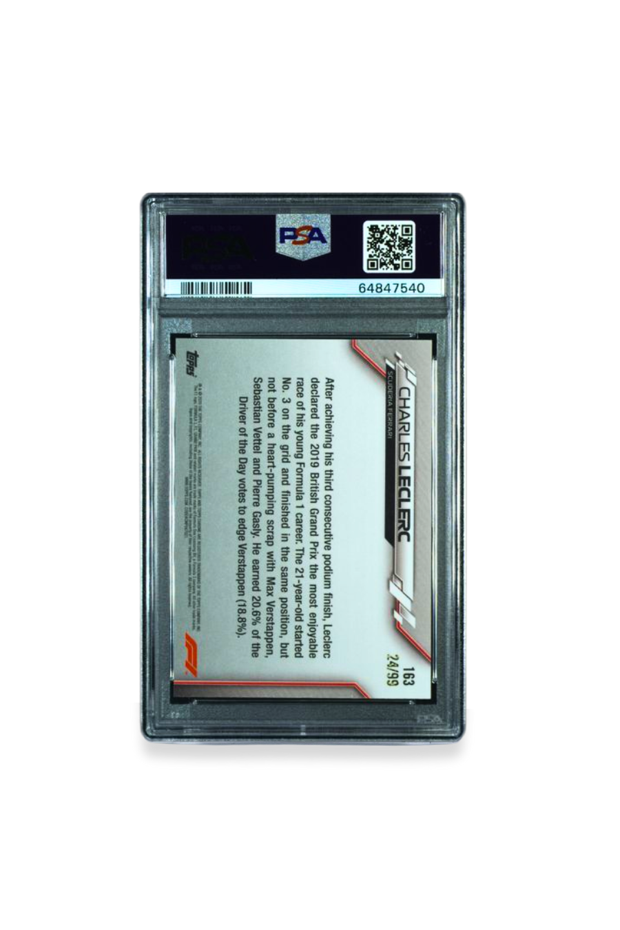 Back of 2020 Topps Chrome F1 Charles Leclerc Sapphire Edition Aqua card #163 graded PSA 10, serial numbered 24/99