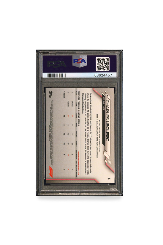 Back of 2020 Topps Chrome F1 Charles Leclerc 70th Anniversary Orange card #4 graded PSA 9