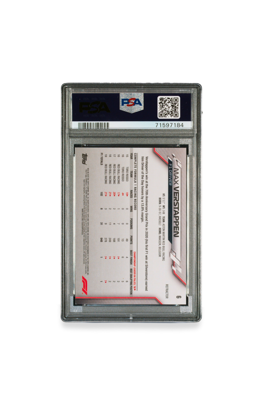 Back of 2020 Topps Chrome F1 Max Verstappen Refractor card #6 graded PSA 10