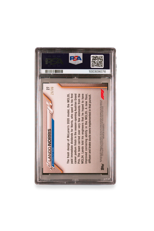 Back of 2020 Topps Chrome F1 Lando Norris Sapphire Edition 70th Anniversary card #27 graded PSA 9, serial numbered 21/70