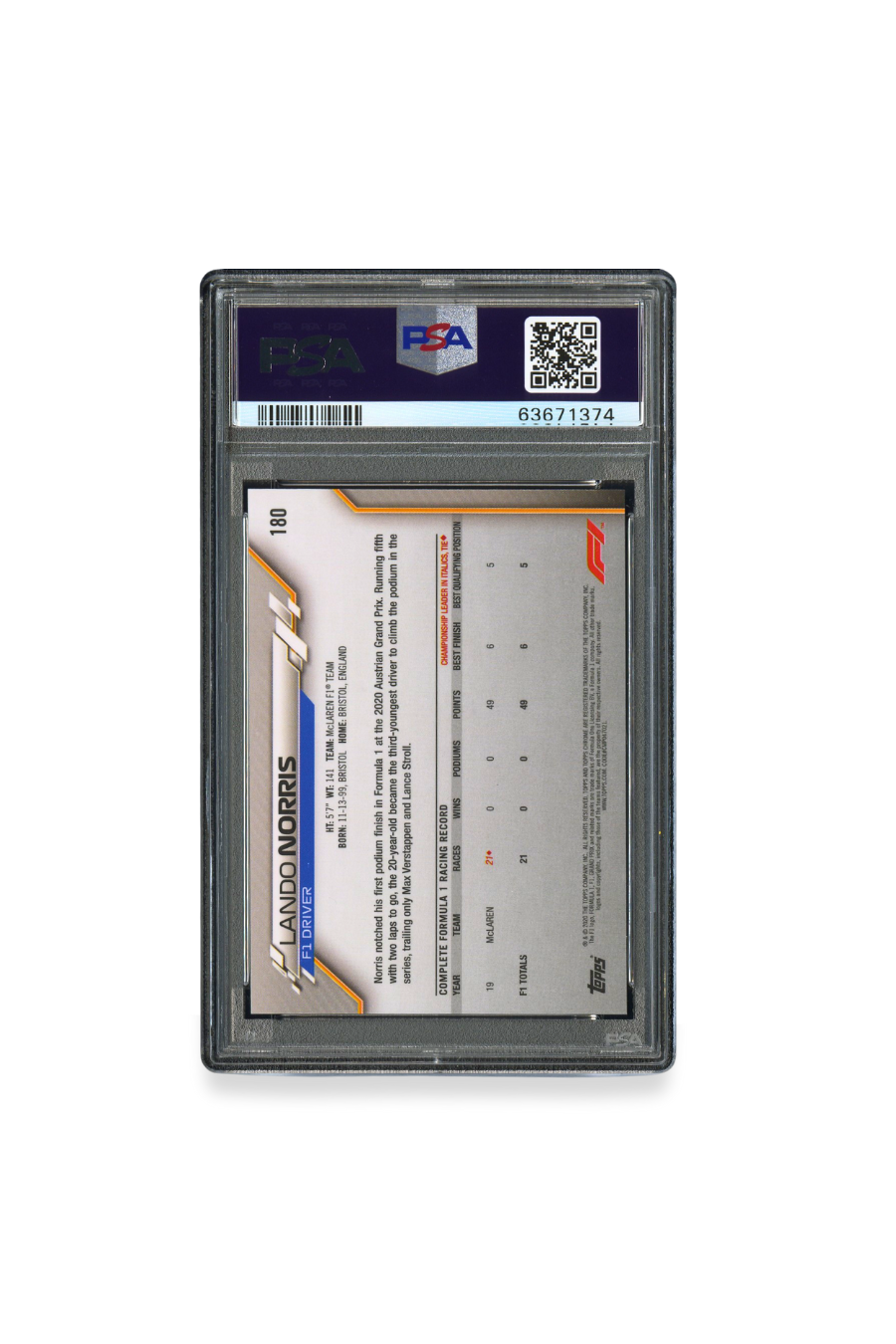 Back of 2020 Topps Chrome F1 Sapphire Edition Lando Norris rookie card #180 graded PSA 10