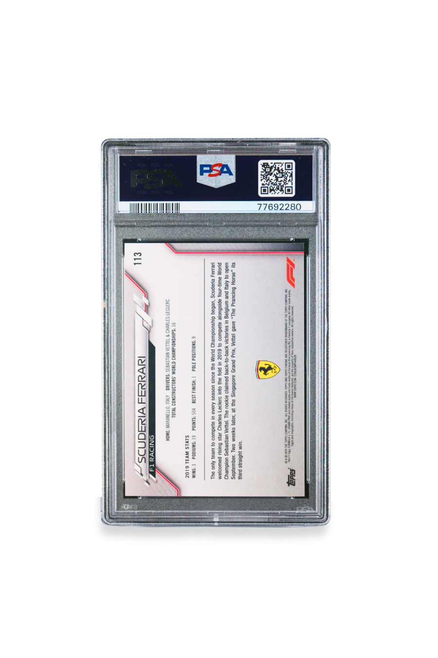 Back of 2020 Topps Chrome F1 Scuderia Ferrari 70th Anniversary Orange team logo card #113 graded PSA 9