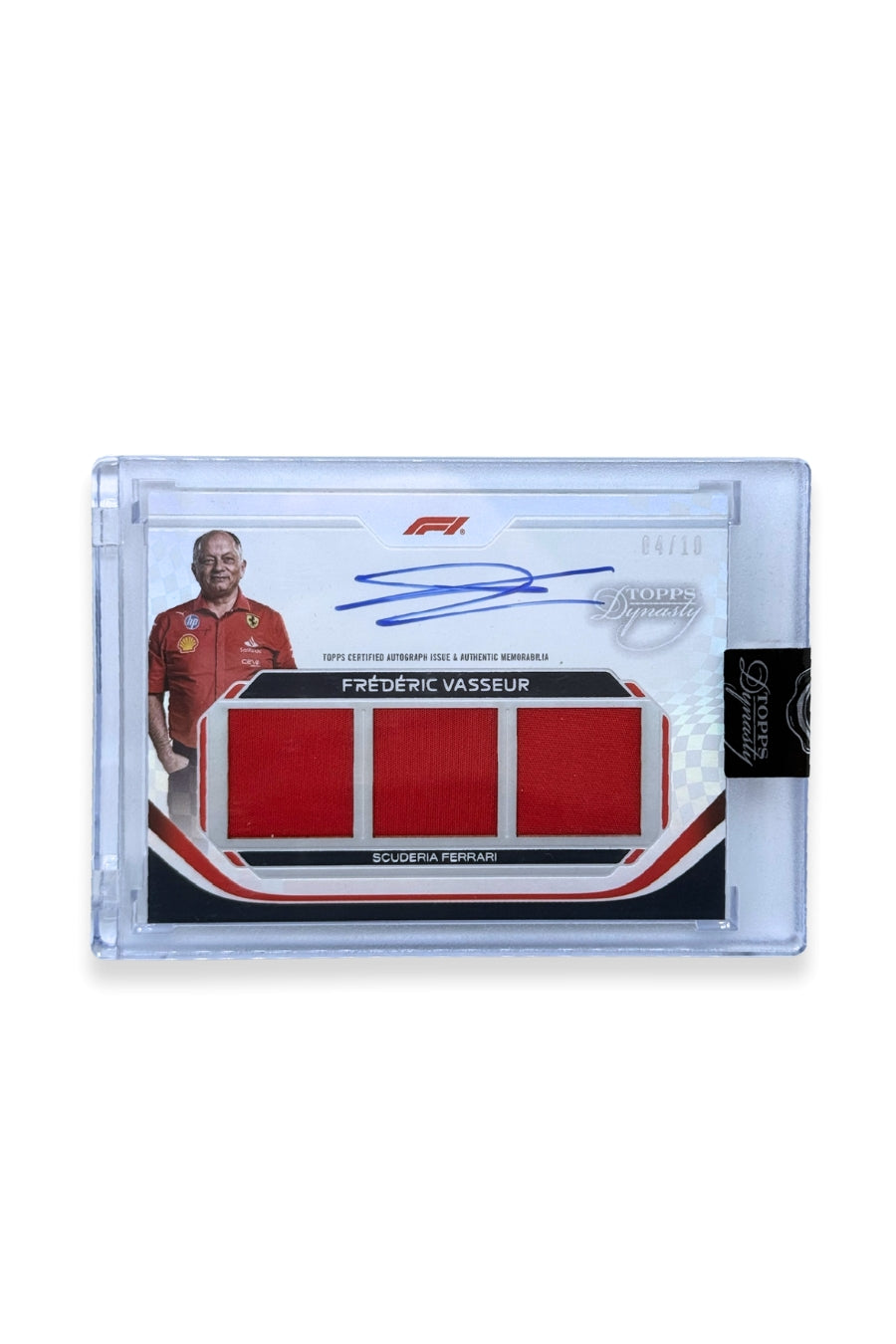 Front of 2024 Topps Dynasty Frédéric Vasseur triple patch autograph card, serial numbered 4 of 10, featuring an authentic triple memorabilia patch in Ferrari red.
