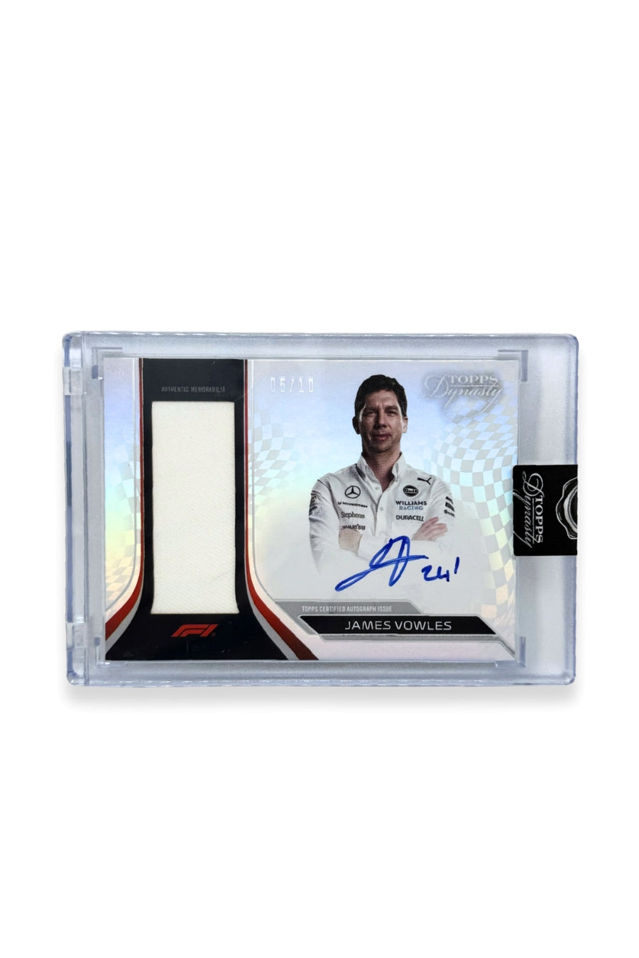 Front of 2024 Topps Dynasty James Vowles patch autograph card, serial numbered 5 of 10, featuring a white authentic memorabilia patch from Williams Racing.