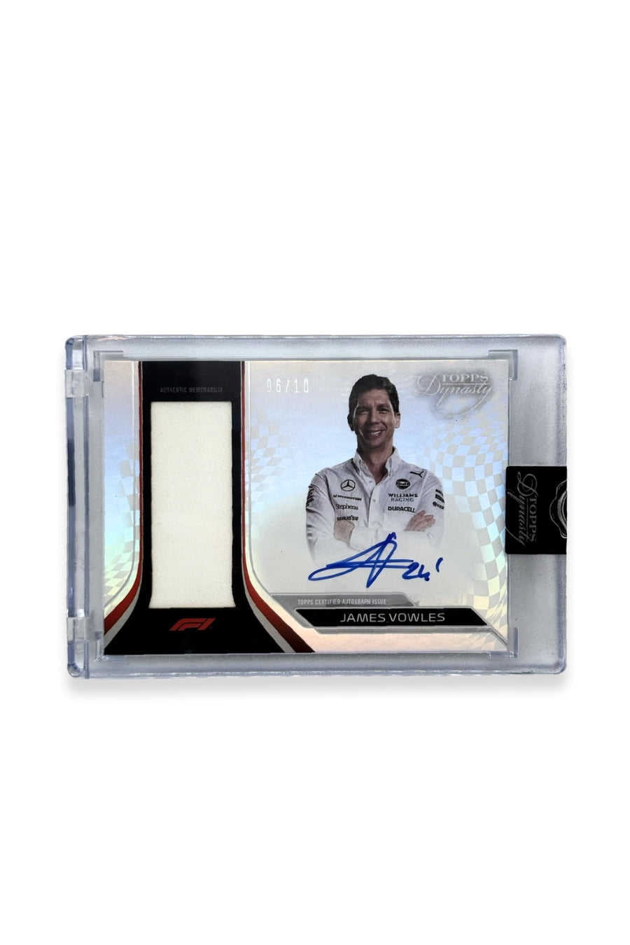 Front of 2024 Topps Dynasty James Vowles patch autograph card, serial numbered 6 of 10, featuring a white authentic memorabilia patch from Williams Racing.