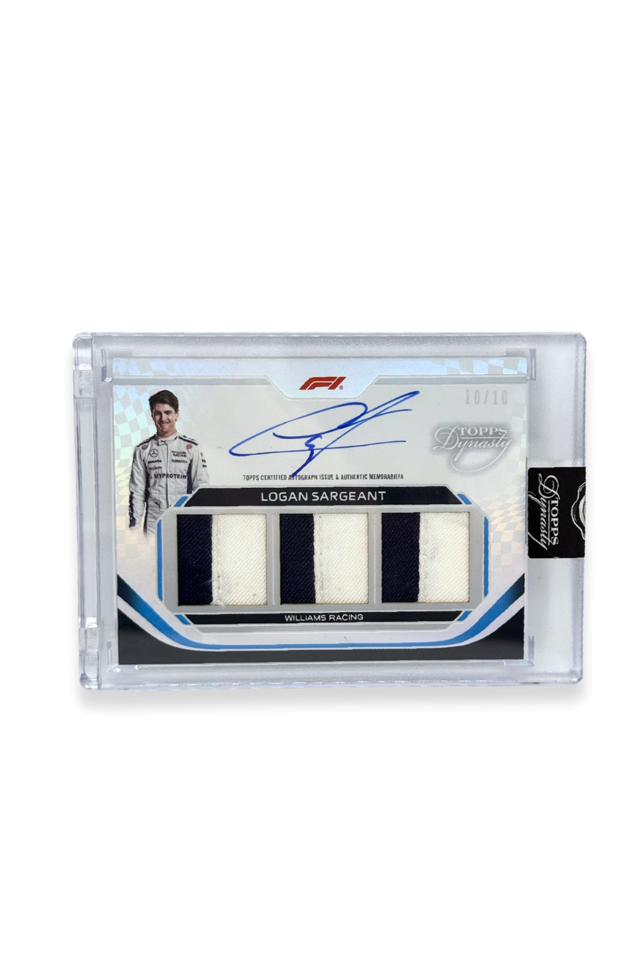 Front of 2024 Topps Dynasty Logan Sargeant triple patch autograph card, serial numbered 10 of 10, showing three white and navy memorabilia patches.