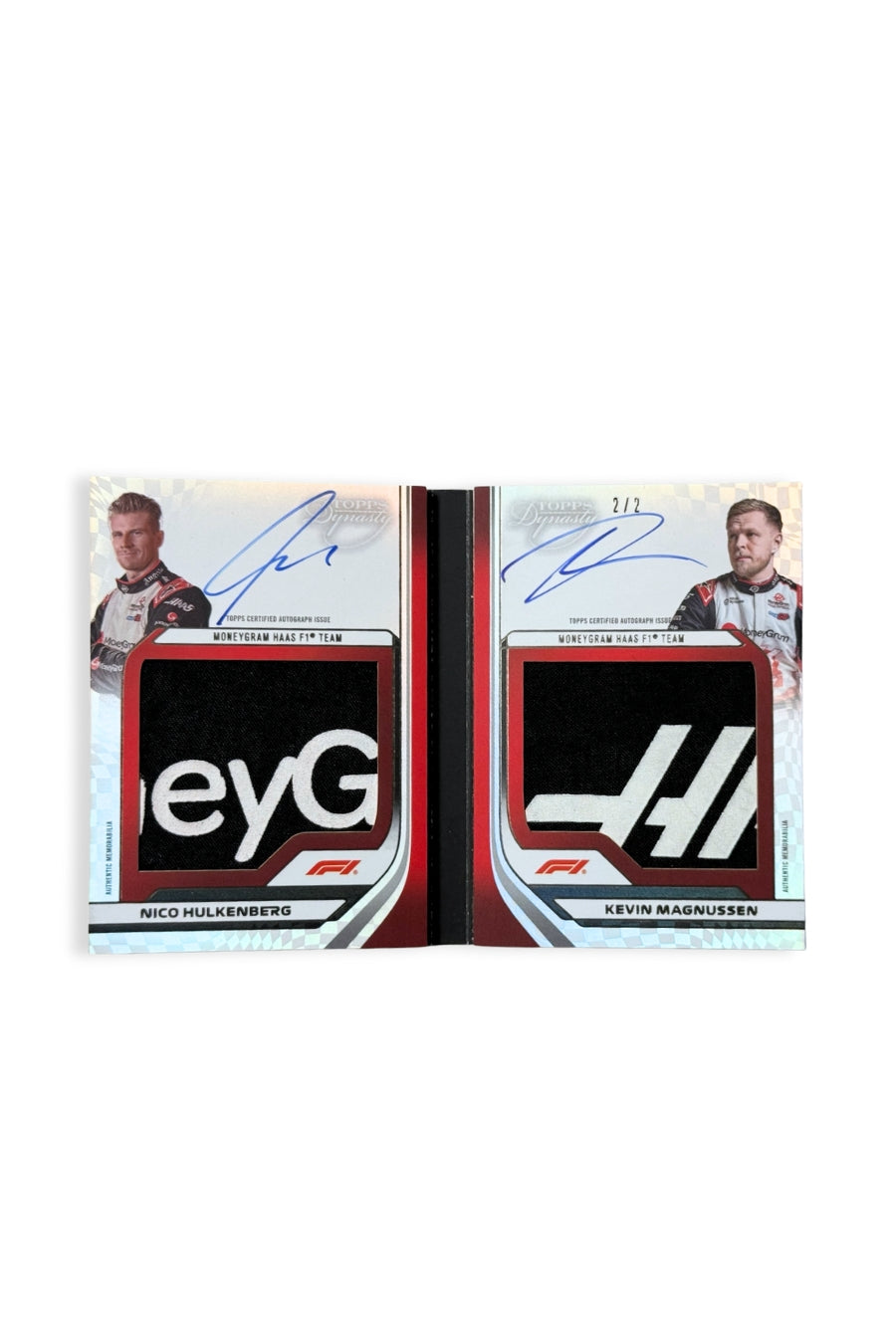 Front of 2024 Topps Dynasty dual booklet featuring Nico Hülkenberg and Kevin Magnussen, serial numbered 2 of 2, with two large authentic memorabilia patches and autographs.