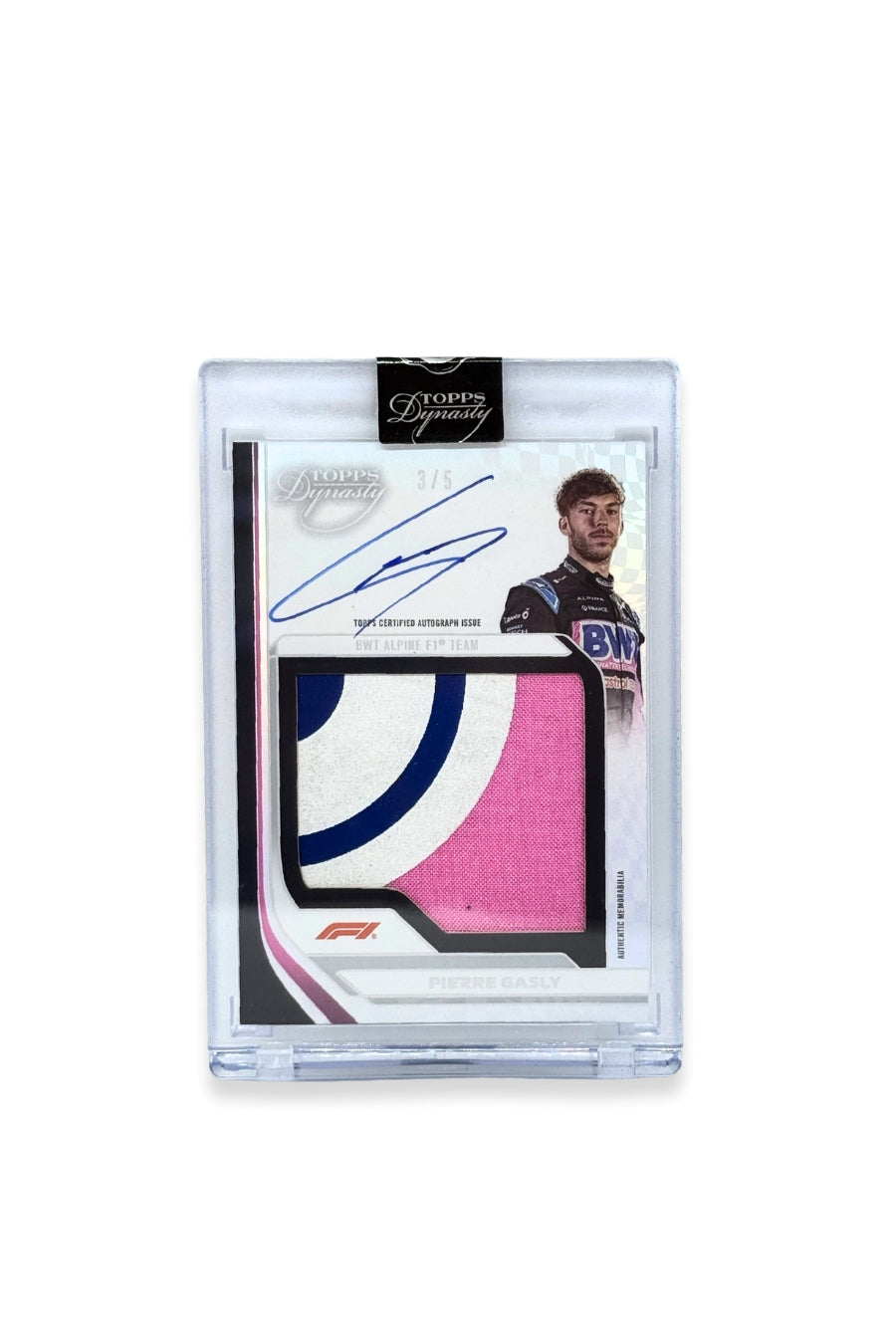 Front of 2024 Topps Dynasty Pierre Gasly jumbo patch autograph card, serial numbered 3 of 5, featuring pink, white, and blue authentic memorabilia patch from BWT Alpine F1 Team.