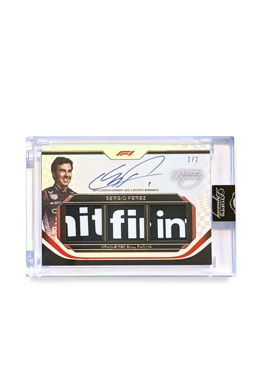 Front of 2024 Topps Dynasty Sergio Perez triple patch autograph card, serial numbered 2 of 2, featuring authentic memorabilia patches.