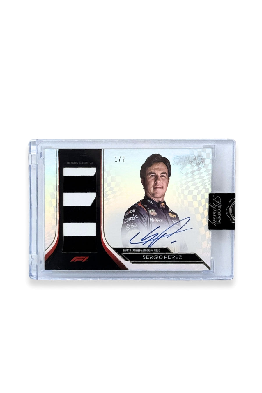 Front of 2024 Topps Dynasty Sergio Perez patch autograph card, serial numbered 1 of 2, featuring a black and white authentic memorabilia patch from Oracle Red Bull Racing.