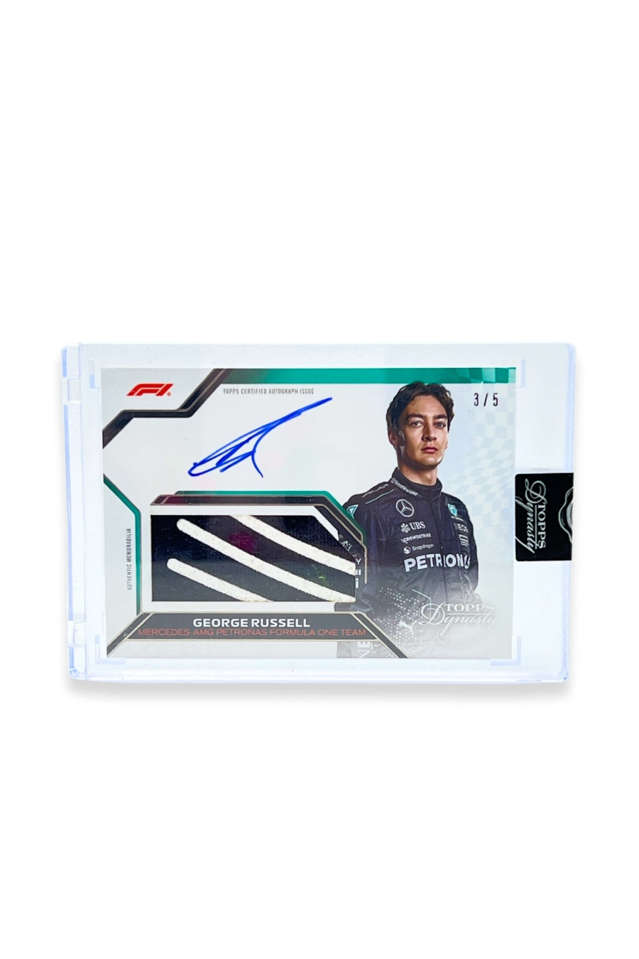 Front of 2024 Topps Dynasty George Russell glove patch autograph card, serial numbered 3 of 5, featuring black glove material with white diagonal accents.