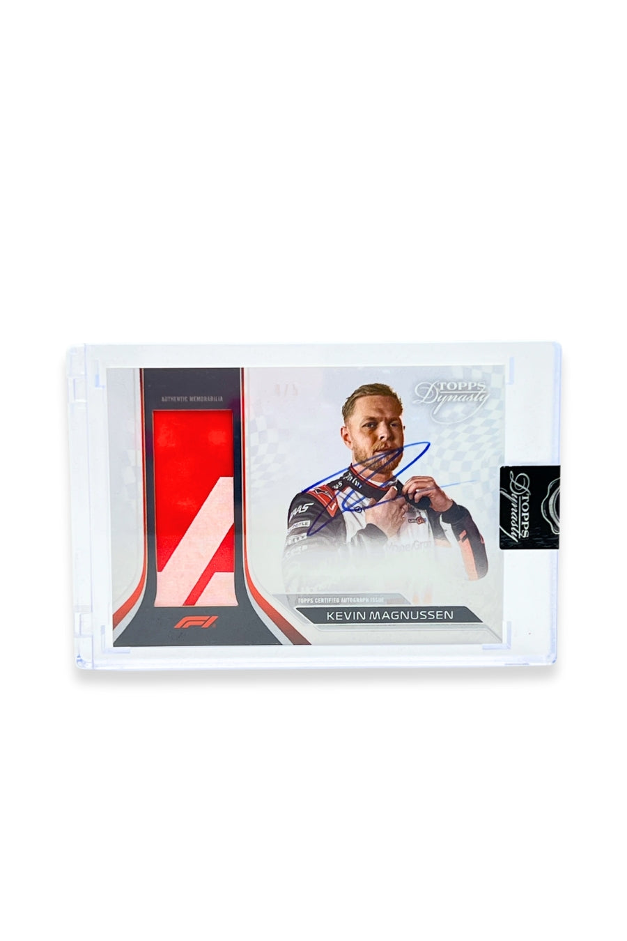 Front of 2024 Topps Dynasty Kevin Magnussen patch autograph card, serial numbered 4 of 5, featuring an authentic red and white memorabilia patch.