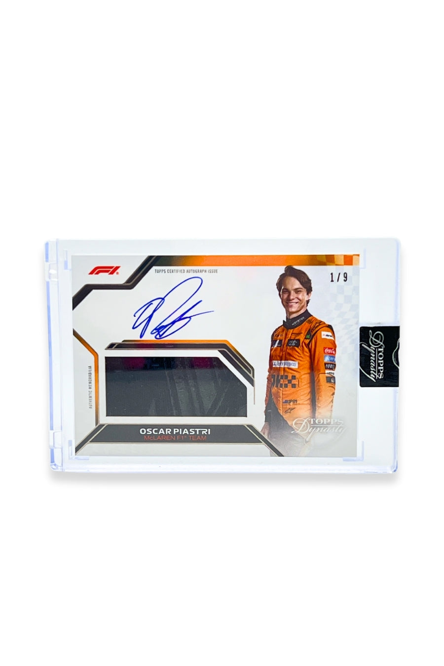 Front of 2024 Topps Dynasty Oscar Piastri glove patch autograph card, serial numbered 1 of 9, featuring an authentic black glove memorabilia piece.