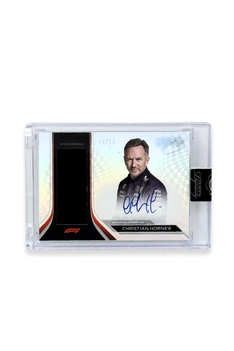 Front of 2024 Topps Dynasty Christian Horner patch autograph card, serial numbered 4 of 10, with black memorabilia patch.