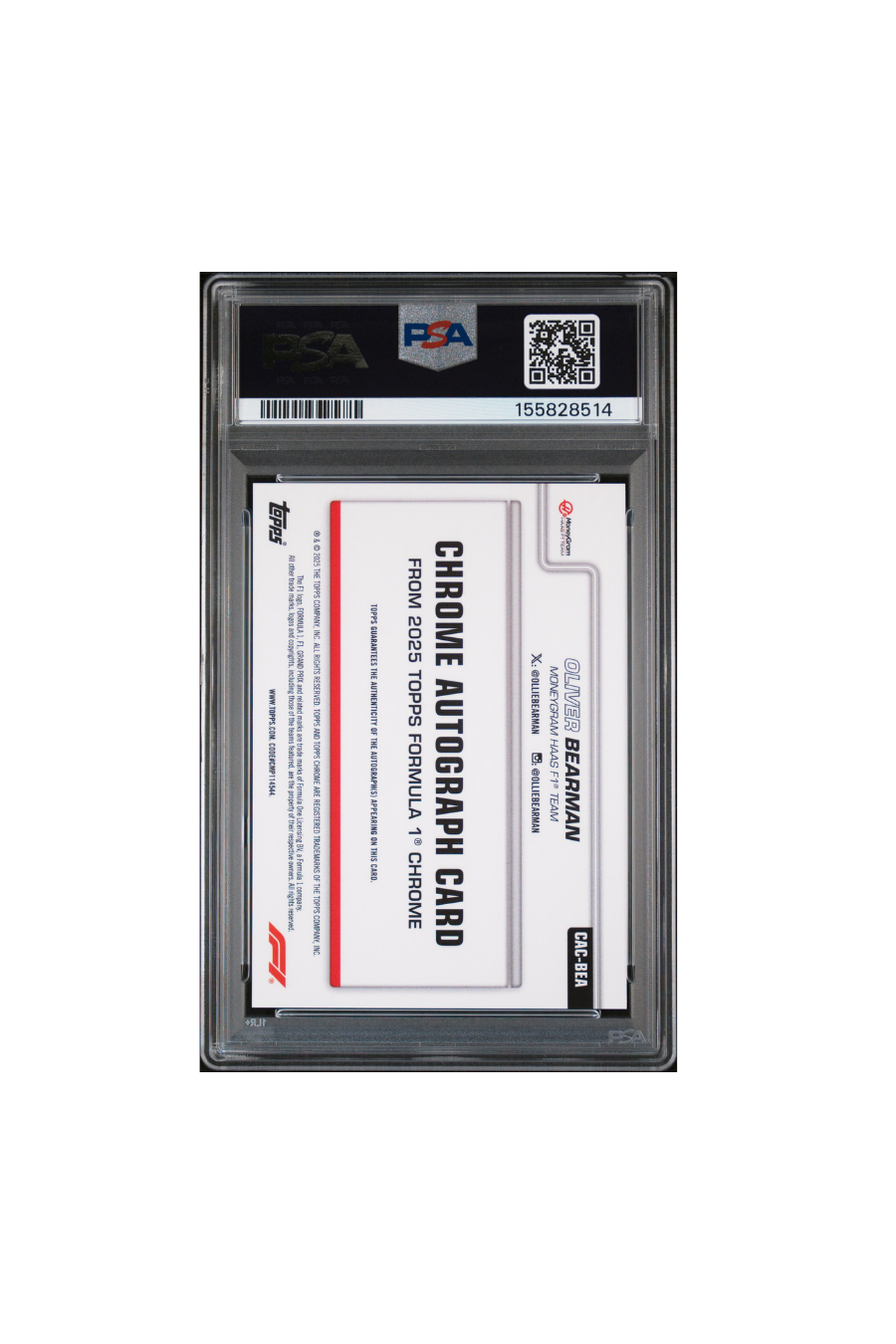2025 Topps Chrome F1 Sapphire Oliver Bearman Orange Auto #15/25 PSA 10