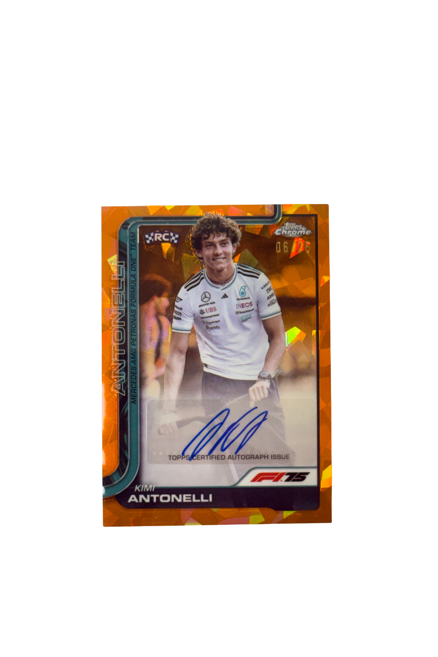 2025 Topps Chrome F1 Sapphire Kimi Antonelli Orange Autograph 6/25