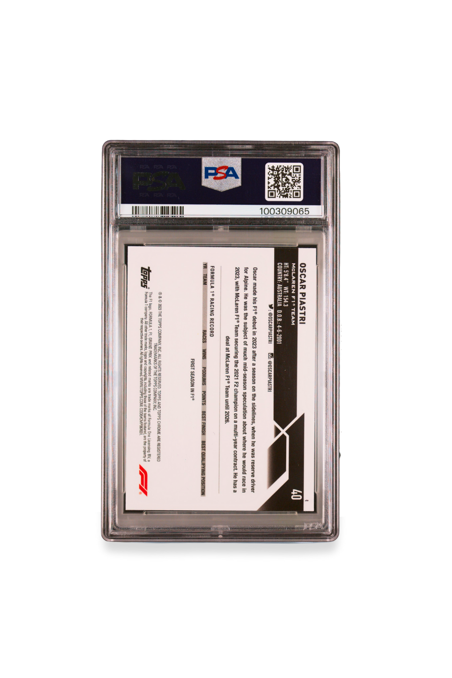 Back of 2023 Topps Chrome F1 Oscar Piastri Purple Checker Flag Refractor card #40 graded PSA 9, serial numbered 397/399