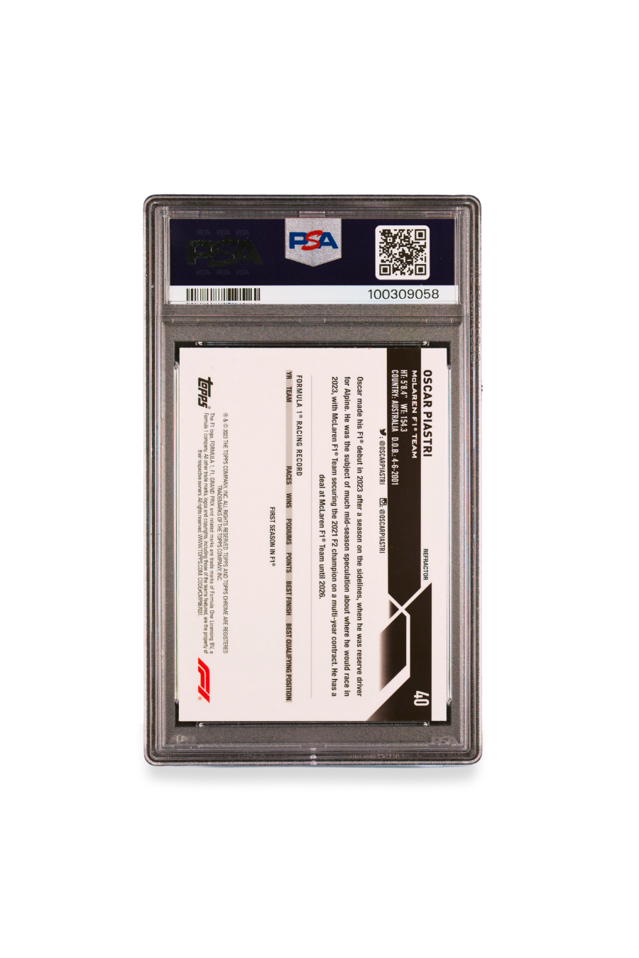 Back of 2023 Topps Chrome F1 Oscar Piastri Refractor card #40 graded PSA 9