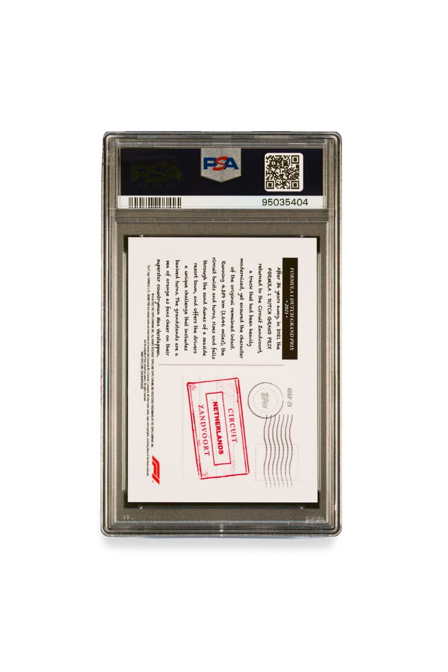 Back of 2022 Topps Formula 1 Art du Grand Prix Zandvoort card #ADGPZV graded PSA 9, highlighting circuit history