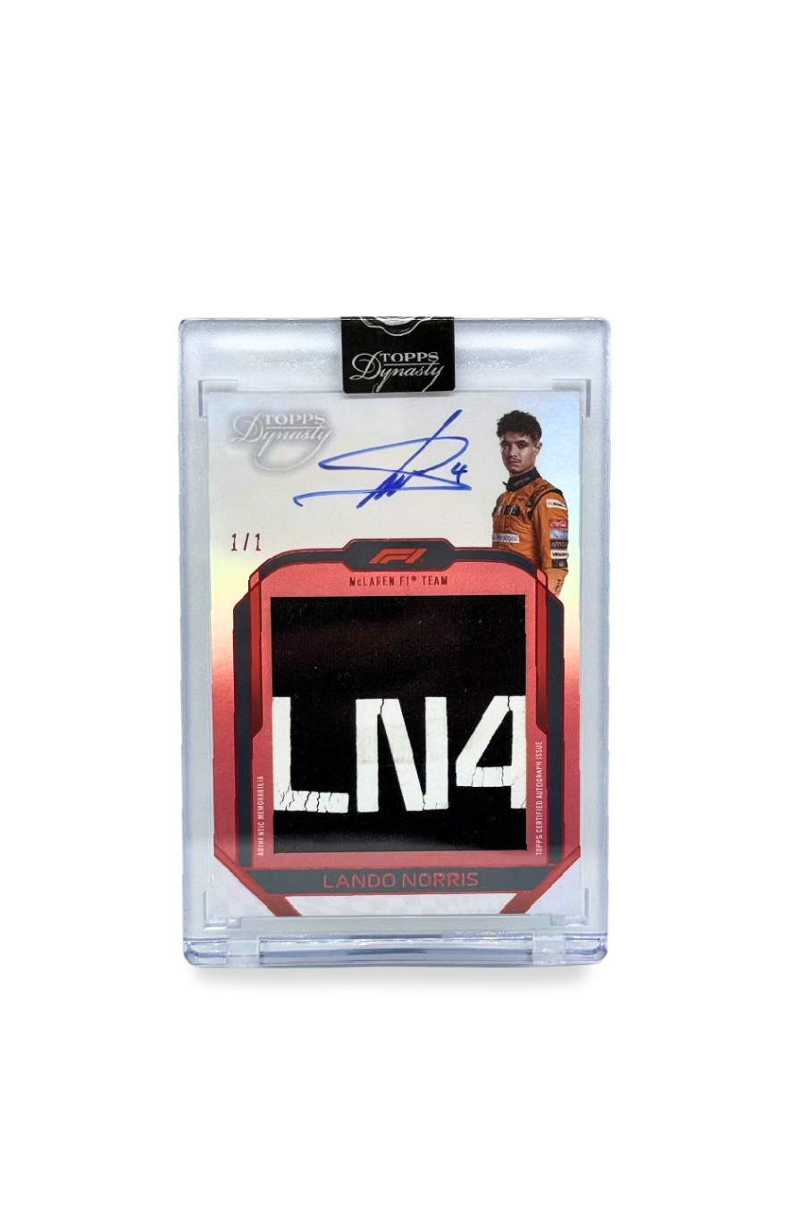 Front of 2024 Topps Dynasty Lando Norris patch autograph card, serial numbered 1 of 1, showing LN4 memorabilia logo patch and on-card autograph.
