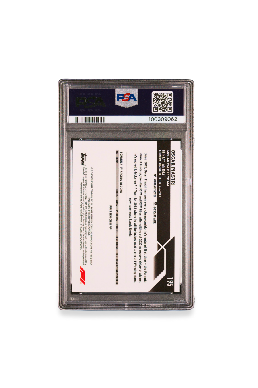 2023 Topps Chrome F1 Oscar Piastri Rookie Card #195 – Formula 1 Freshest – PSA 9