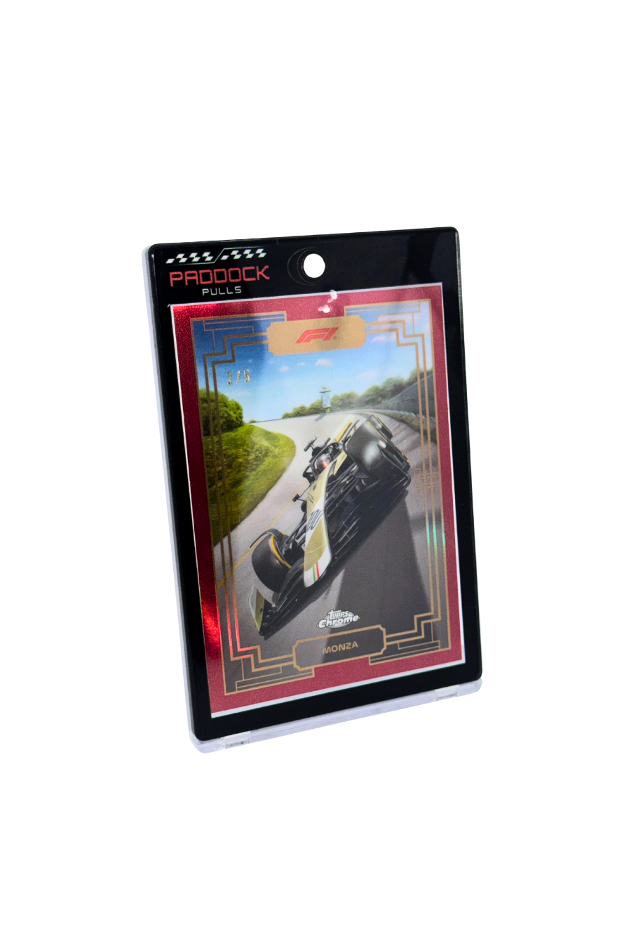 Front view of black gold magnetic card holder with F1 trading card securely inside.
