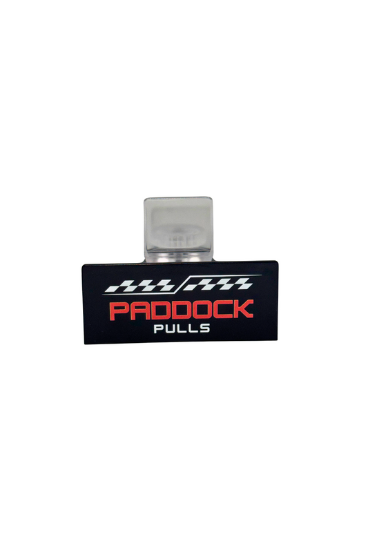 Front view of PaddockPulls adjustable black card stand with red logo.