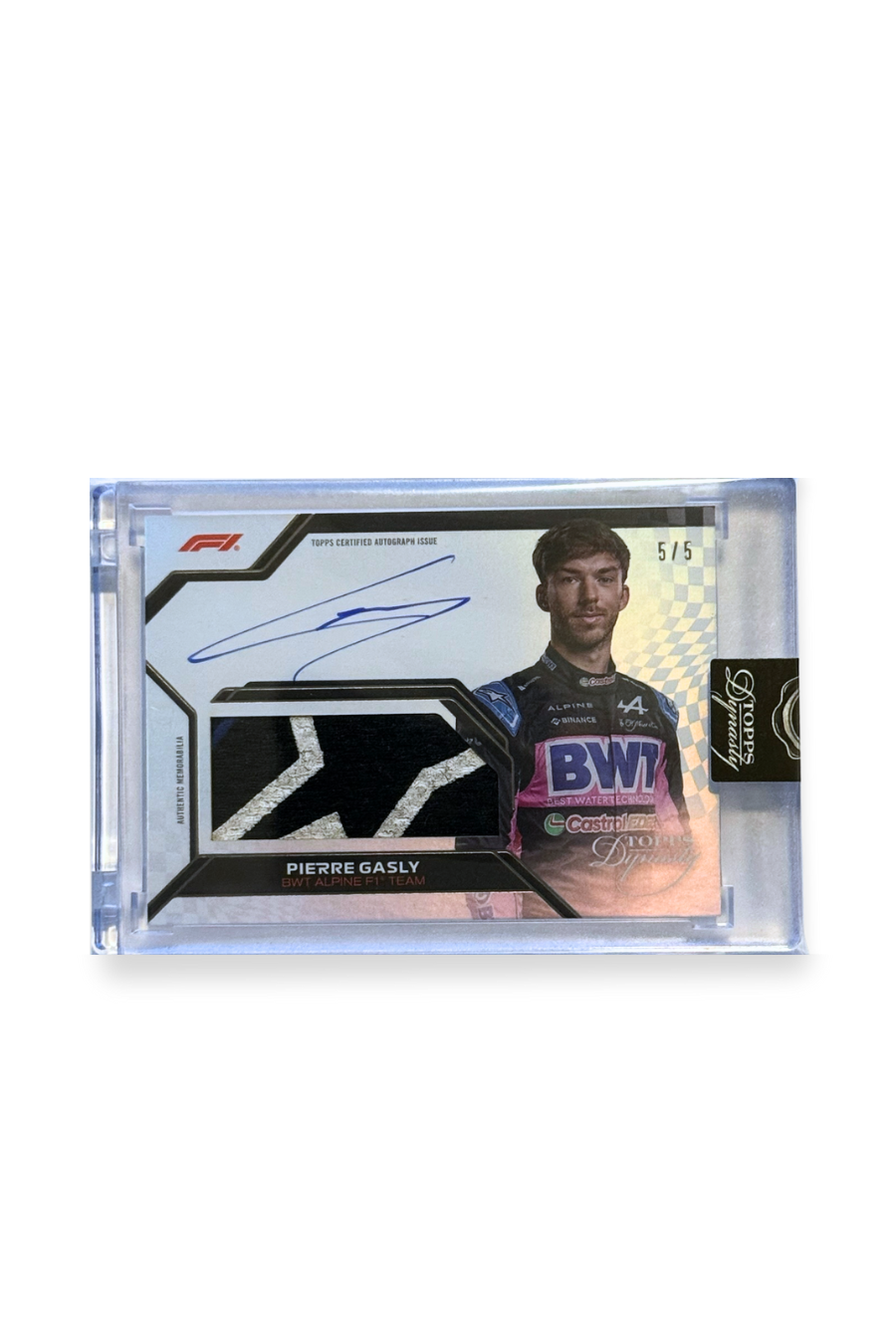 Front of 2024 Topps Dynasty Pierre Gasly Patch Auto card, serial numbered #5/5, featuring black-and-white angular suit patch and autograph