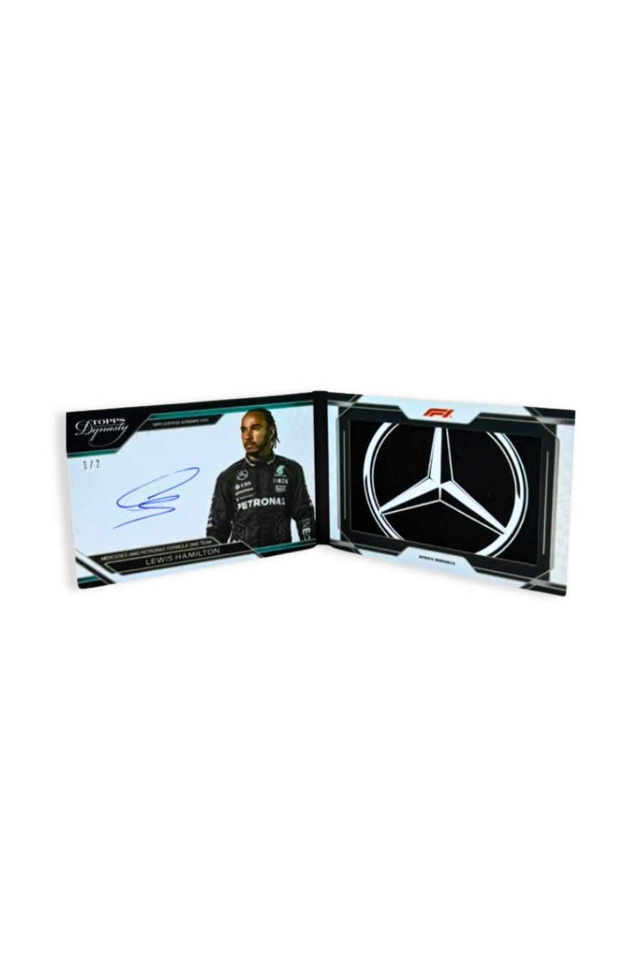Front of 2024 Topps Dynasty Lewis Hamilton booklet patch autograph card, serial numbered 1 of 2, featuring an oversized silver Mercedes logo patch and on-card auto.
