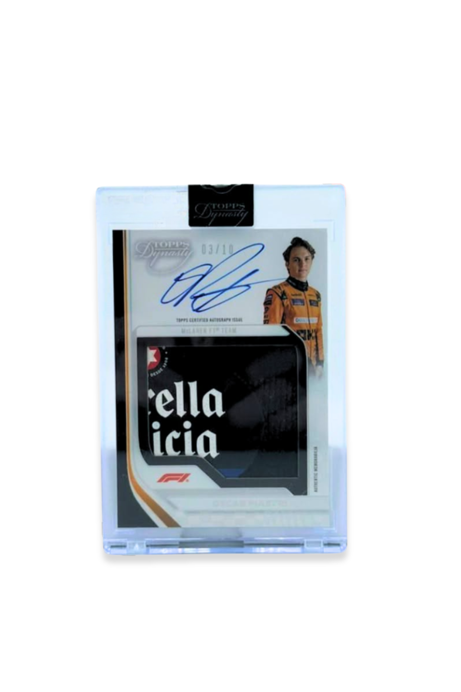 Front of 2024 Topps Dynasty Oscar Piastri patch autograph card, serial numbered 3 of 10, with a black and white Estrella Galicia brand patch.