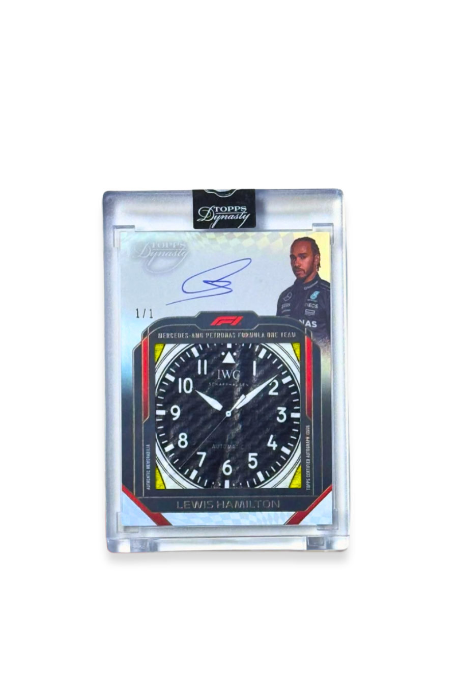Front of 2024 Topps Dynasty Lewis Hamilton Watch Face Patch Auto card, serial numbered 1 of 1, showing IWC watch face relic.