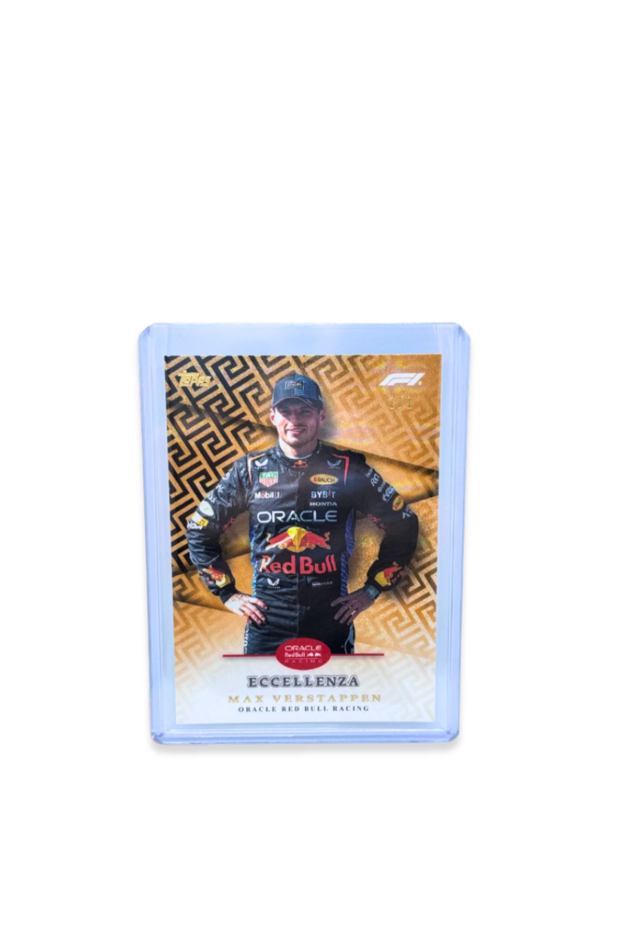 Front of 2024 Topps F1 Eccellenza Max Verstappen Gold Foil card, serial numbered 1 of 1, with Red Bull Racing suit on gold-patterned background.