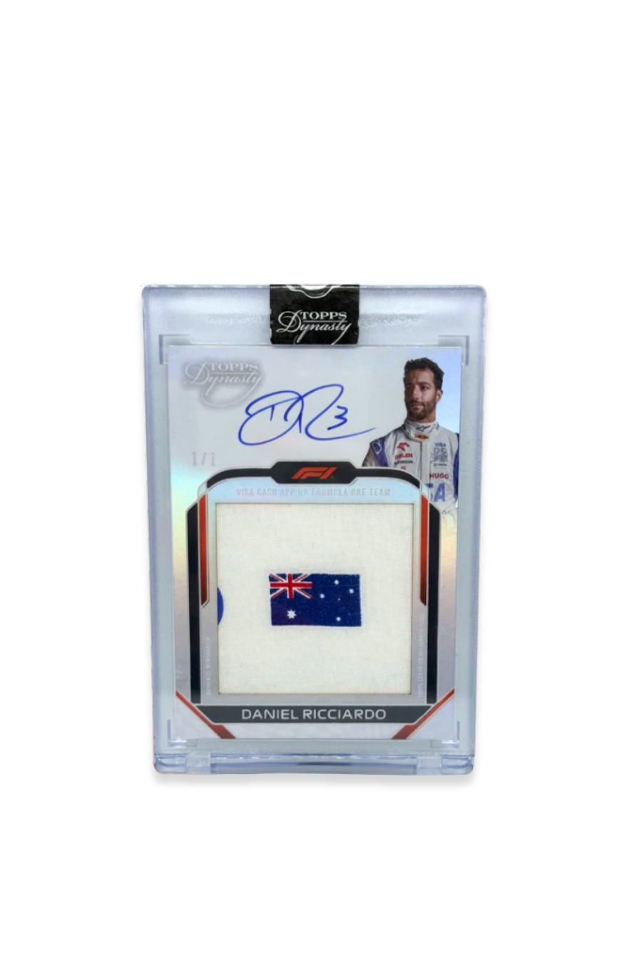 Front of 2024 Topps Dynasty Daniel Ricciardo Flag Patch Auto card, serial numbered 1 of 1, with an Australian flag patch.