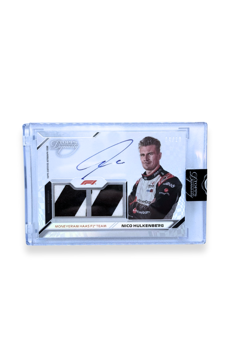 Front of 2024 Topps Dynasty Nico Hülkenberg Dual Patch Auto card, serial numbered 04/10, featuring two black and white patch windows and autograph