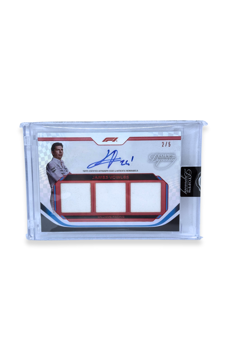 Front of 2024 Topps Dynasty James Vowles Triple Patch Auto card, serial numbered 02/05, featuring white memorabilia patches and autograph