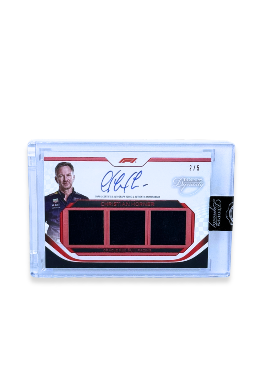 Front of 2024 Topps Dynasty Christian Horner Triple Patch Auto card, serial numbered #2/5, featuring navy fabric swatches and autograph