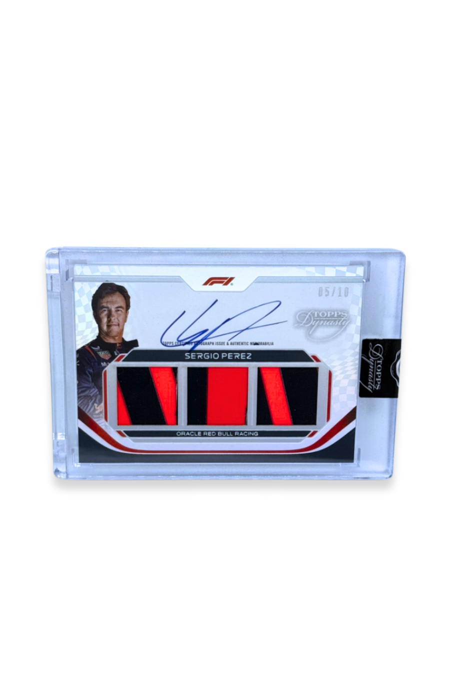 Front of 2024 Topps Dynasty Sergio Perez Triple Patch Auto card, serial numbered #5/10, featuring three red/navy suit patches and autograph