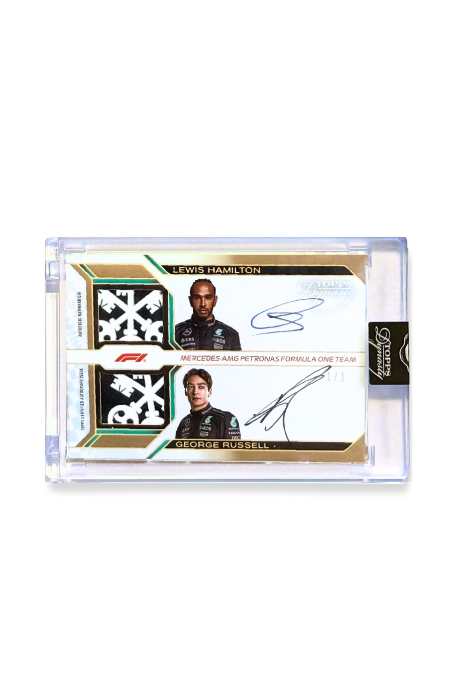 Front of 2024 Topps Dynasty Lewis Hamilton and George Russell dual patch autograph card, serial numbered 1 of 1, showing Mercedes star patches and dual autographs.