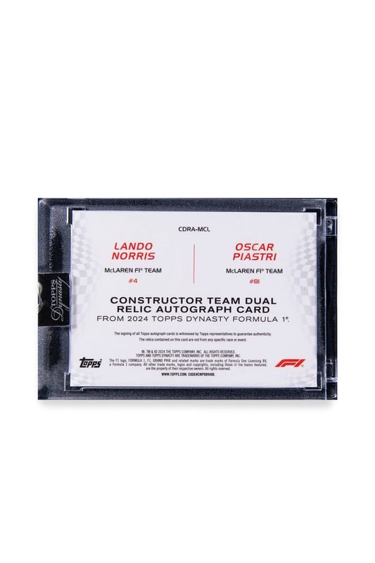 Back of 2024 Topps Dynasty Lando Norris and Oscar Piastri dual patch autograph card, showing authenticity text and McLaren team details.