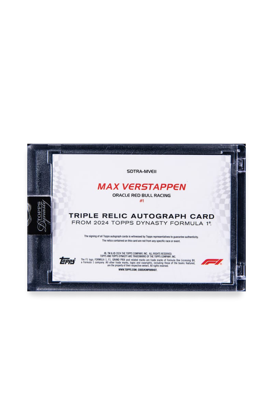 Back of 2024 Topps Dynasty Max Verstappen triple patch autograph card, showing authenticity text and Oracle Red Bull Racing details.