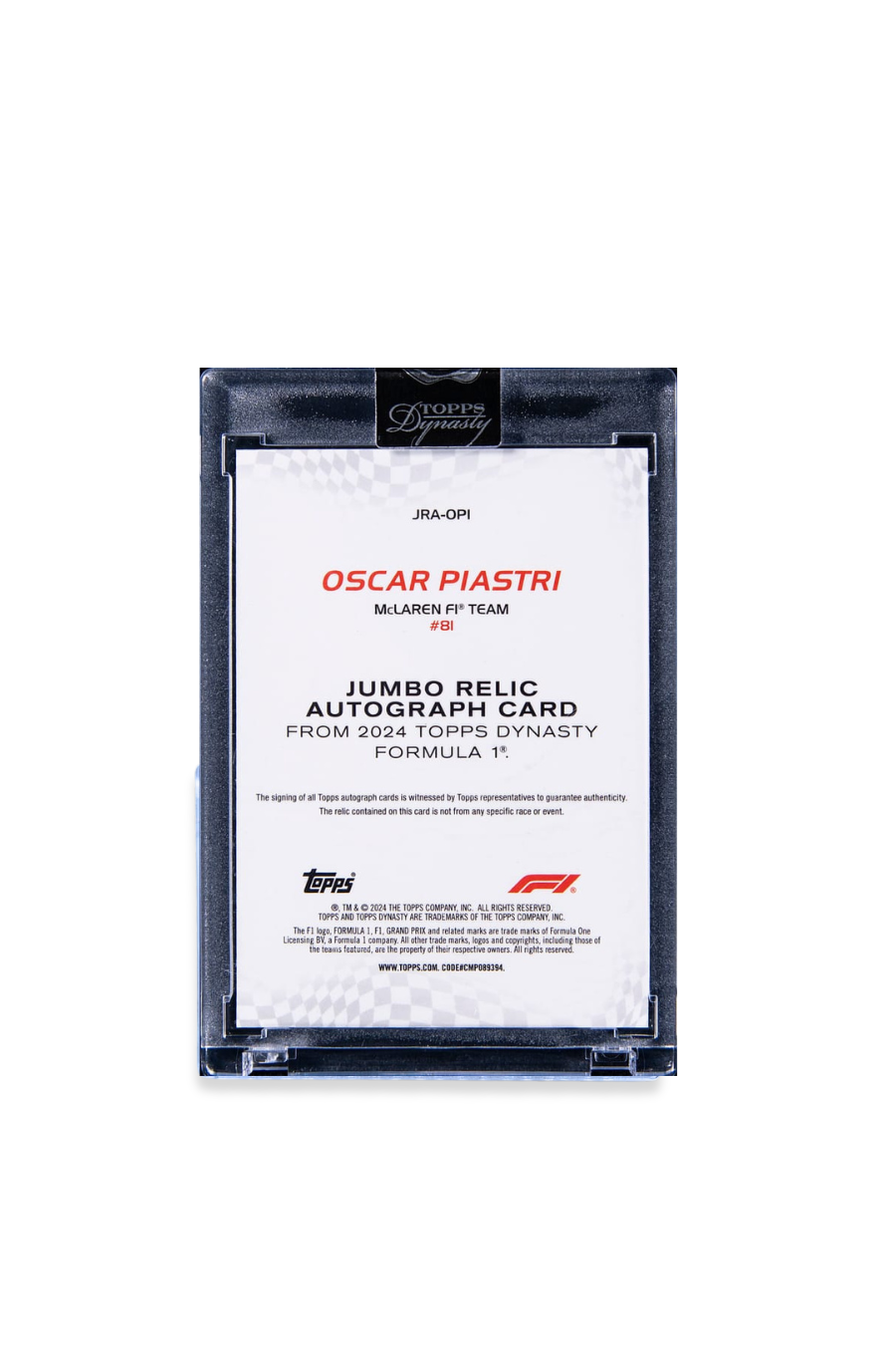 Back view showing Topps certification details for Oscar Piastri 2024 Topps Dynasty Jumbo Relic Autograph 01/10.