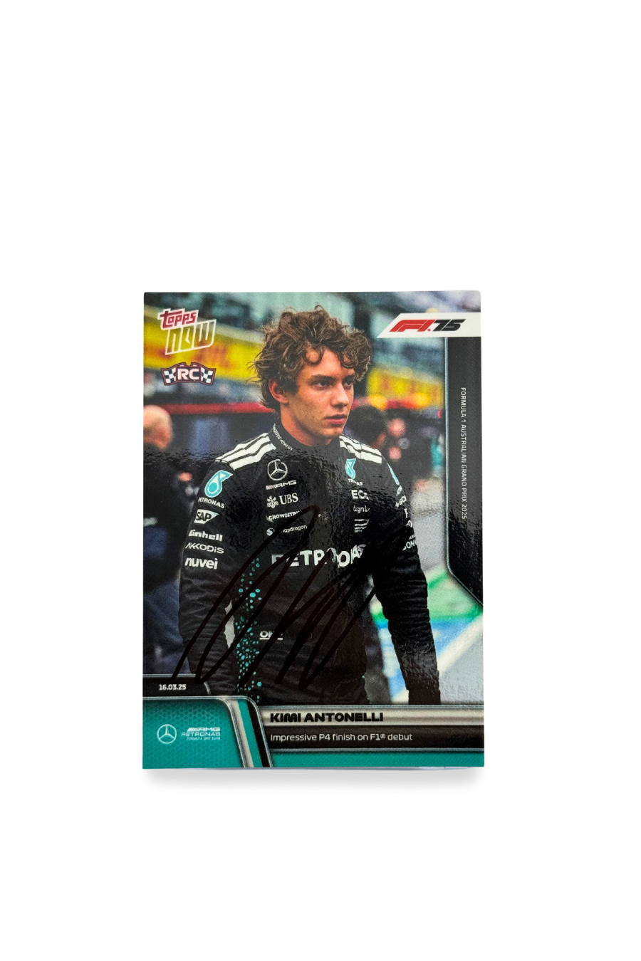 2025 Topps Now F1 Kimi Antonelli rookie autograph card from the Australian Grand Prix, featuring his P4 debut finish with Mercedes.