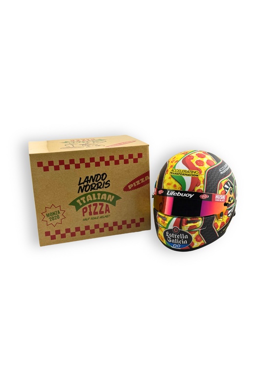 Lando Norris 2020 Monza Italian Pizza special edition 1:2 scale Bell helmet with pizza box packaging.