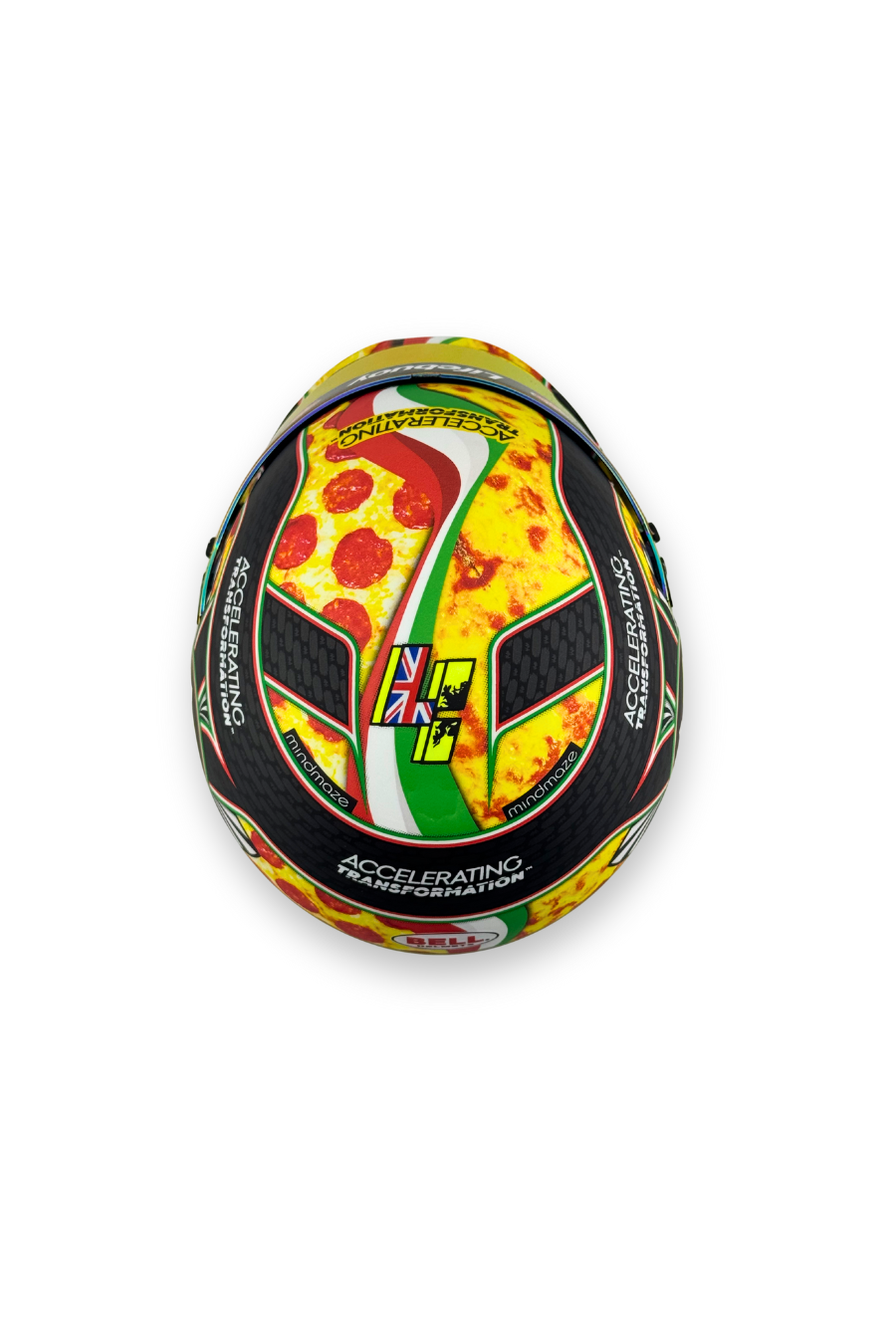 Top view of Lando Norris Monza 2020 Italian Pizza Bell helmet showing pizza slice and LN logo design.